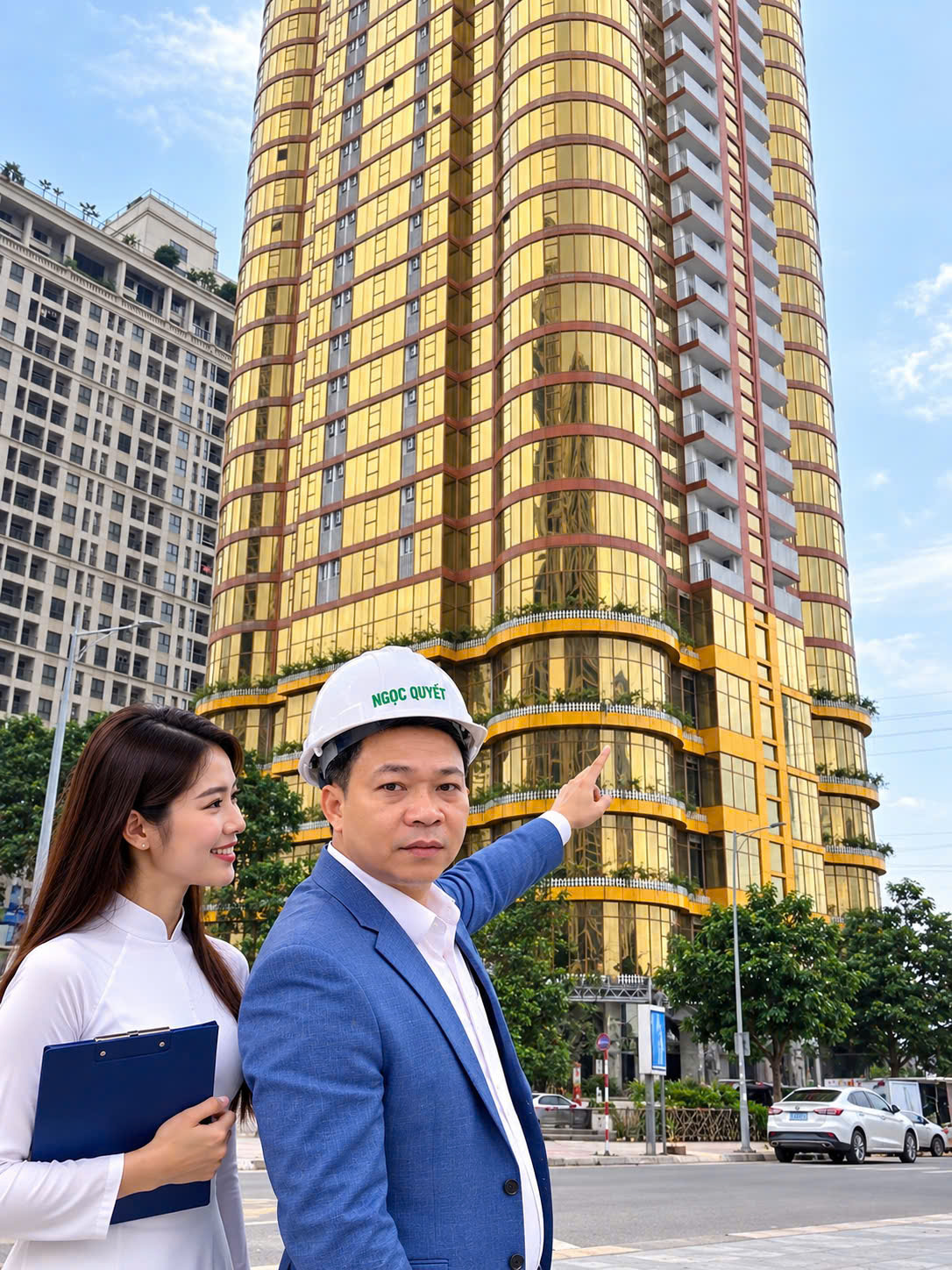Tòa nhà cao tầng mặt kính vàng được giới thiệu bởi người đội mũ bảo hộ và nữ tư vấn cầm hồ sơ